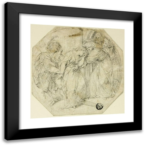 Benedetto Pastorini 15x15 Black Modern Framed Museum Art Print Titled - Swooning Woman at the Door of a Nunnery, Supported by Nun and Young Man