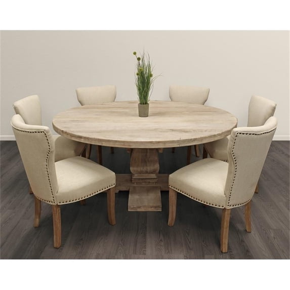 Benedict 7-piece Dining Set - 70" Round Table in White and 6 Ivory Linen Chairs