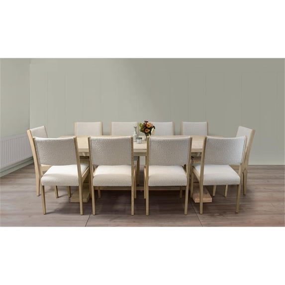 Benedict Extendable Dining Set with 10 Solid Wood Chairs in Ivory Boucle Fabric