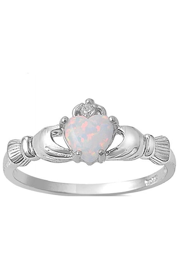 Benediction of the Claddagh Cubic Zirconia White Simulated Opal Ring Sterling Silver 925