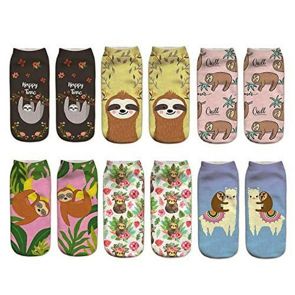 Benefeet Sox Novelty Funny Cute 3D Print Ankle Socks for Girls Women Pattern Design Low Cut Value Pack (Sloth)