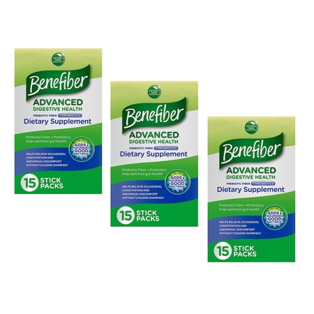 Benefiber Advanced Prebiotic Fiber Supplement On The Go, 15 Powder Packets, Pack of 3, 45 Total Stick Packs