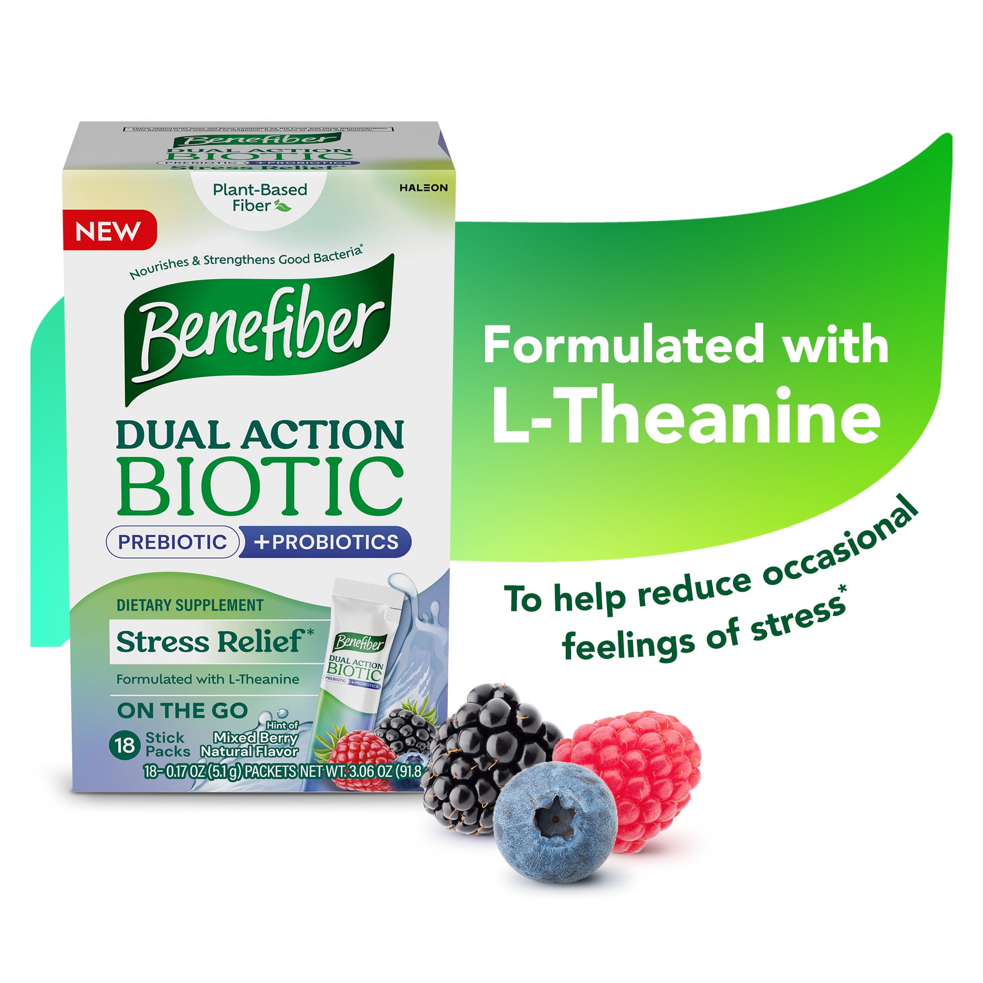 Benefiber Dual Action Biotic Prebiotic and Probiotic Fiber Supplement for Stress Relief, 18 Count Stick Packs