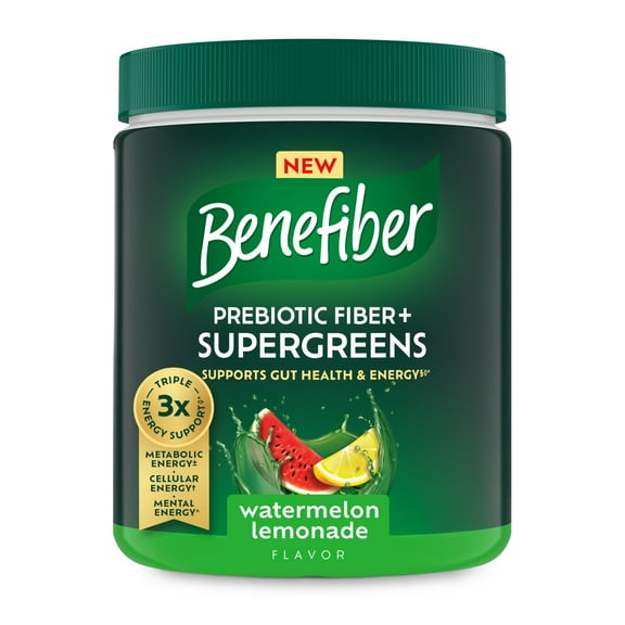 Benefiber Prebiotic Fiber + Supergreens Dietary Supplement Powder, Watermelon Lemonade Flavor, 8.8 Oz (250G), 25 Day Supply