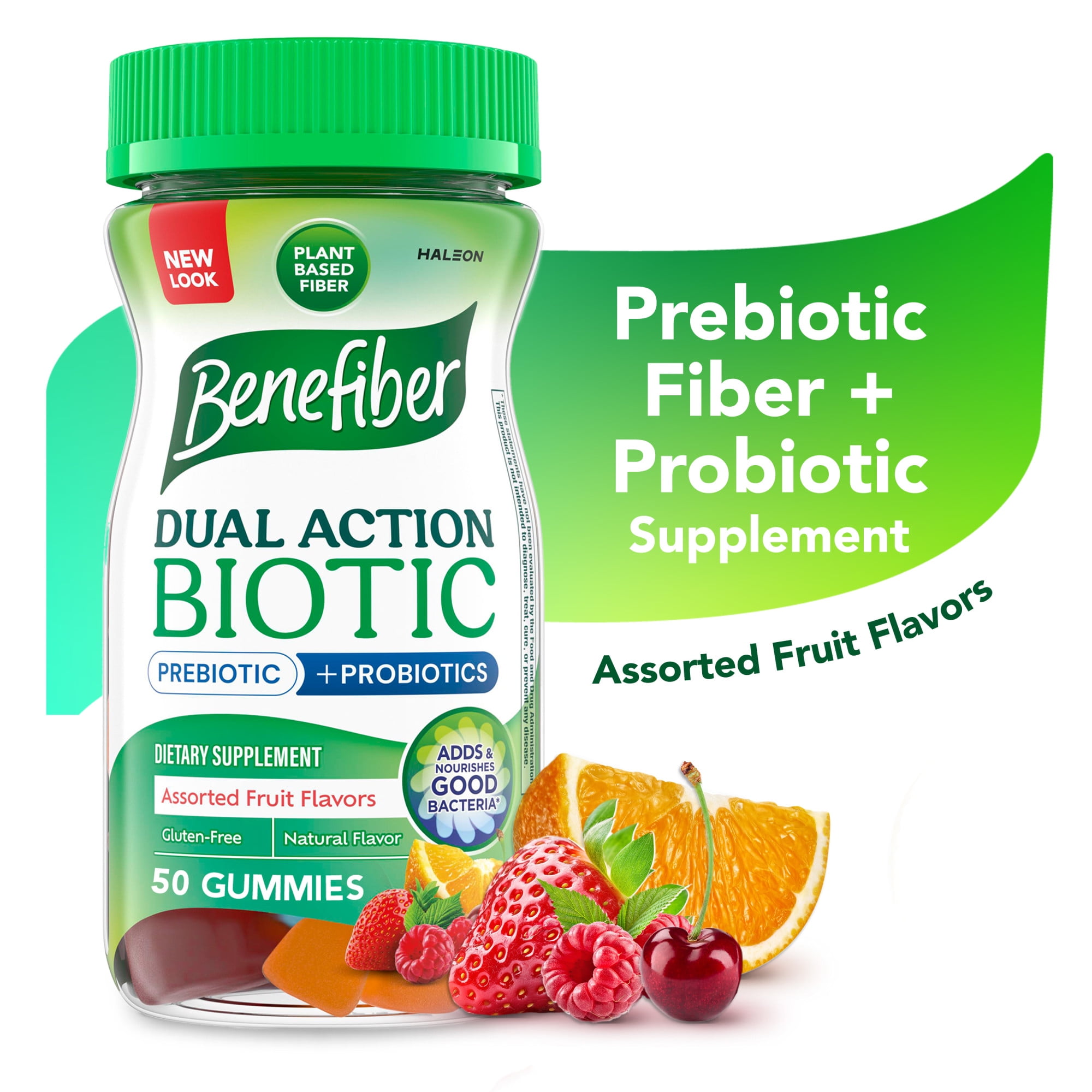 Benefiber Prebiotic Fiber Supplement Gummies With Probiotics for Digestive Health, Assorted Fruit Flavors - 50 Count