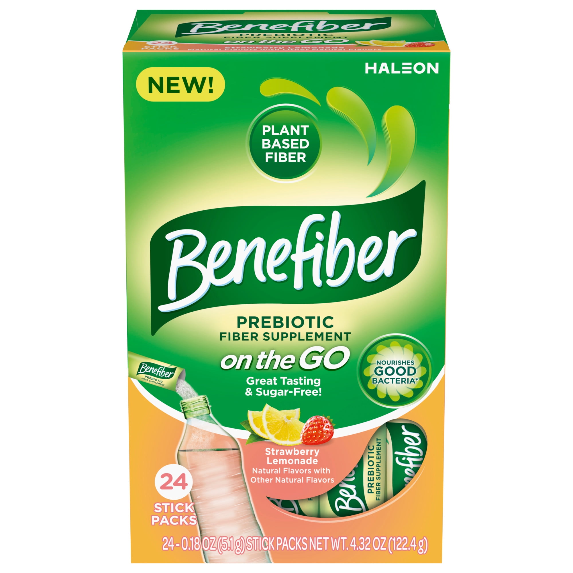 Benefiber Prebiotic Fiber Supplement, Strawberry Lemonade, on The Go Stick Packs, 24 Count