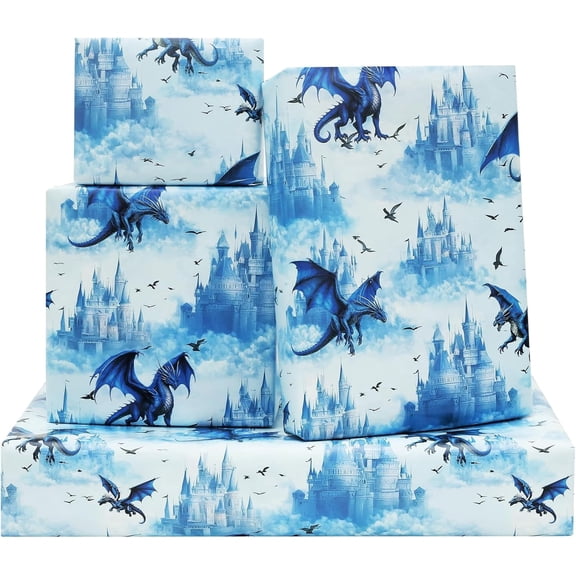 Benefree 6 Sheets Fantasy Dragon Wrapping Paper, Cool Castle Gift Wrap Set, Magical Birthday Gift Packaging Paper for Kids Boys Girls, Baby Shower & Party Supplies, 28 x 20 Inch