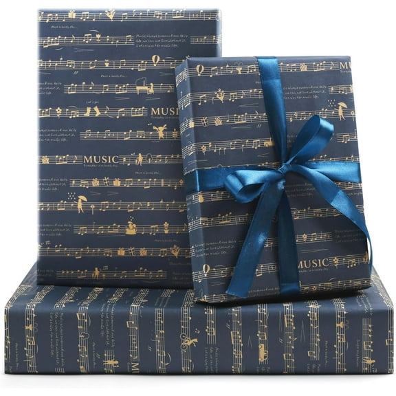 Benefree Music Wrapping Paper, 6 Sheets Black Musical Notation Piano Score Musician Gift Wrap Folded Flat 20x28 inches per Sheet with Ribbon for Women Men Birthday Wedding Music Concert