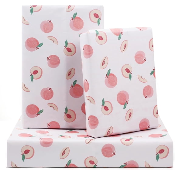 Benefree Peach Wrapping Paper, Pink Fruit Wrapping Paper, Cute Sweet Fresh Peaches Gift Wrap Paper 6 Sheets Folded Flat 20x28 inches per Sheet for Birthday, Baby Shower, Wedding, Summer Winter Party