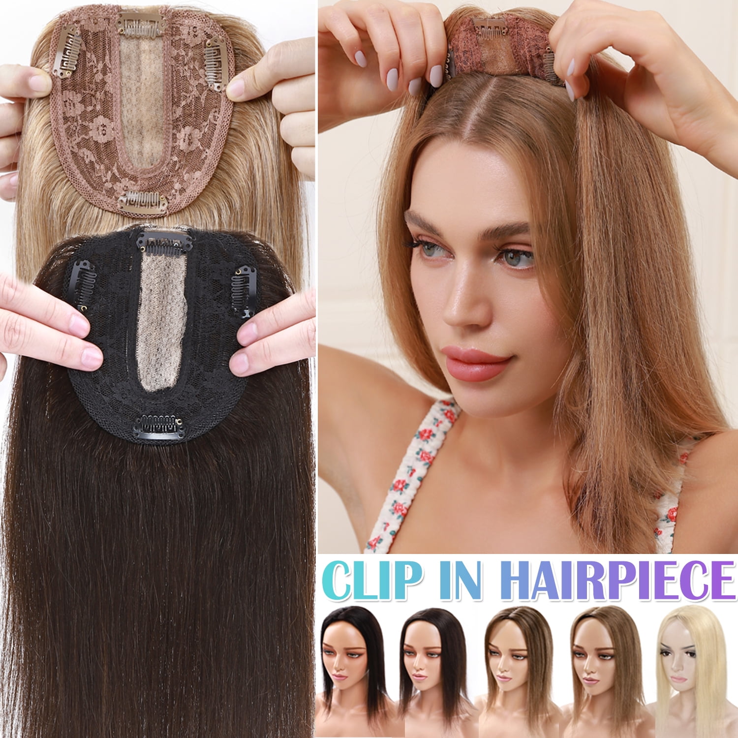 Benehair 100% Human Hair Extensions Clip In Topper Toupee Hairpiece Silk Base for Women Remy Hair 6"-14" Highlight Blonde US