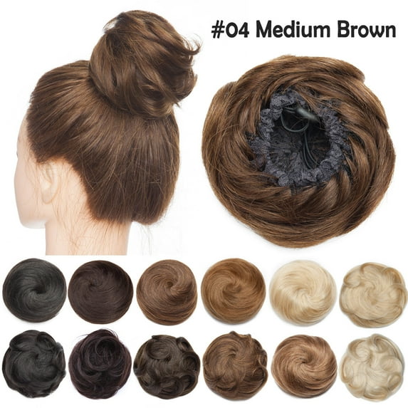 Benehair 100% Human Hair Pieces Extensions Messy Bun Scrunchies Updo Chignons Remy Hair Elastic Band Comb Clip Wavy Curls Brown Soft US