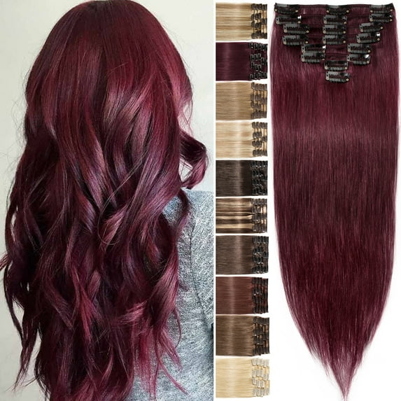 Benehair 100% Real Remy Human Hair Extensions Clip In 8Pcs Hair Weft Full Head Women #99J Wine Red Hair 8 Pcs 20"