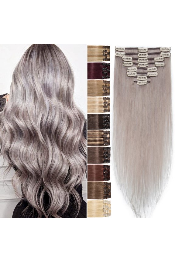 100% Real Remy Human Hair Extensions Clip In 8Pcs Hair Weft Full Head Women Grey Hair Soft 8"-24"