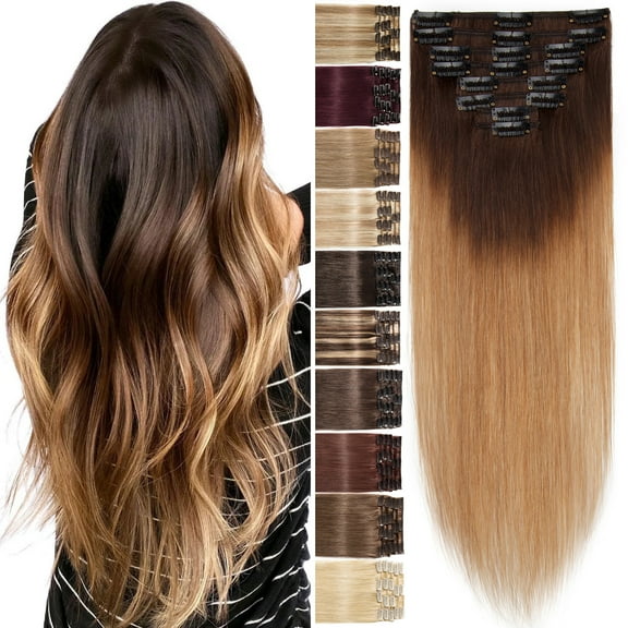 Benehair 100% Real Remy Human Hair Extensions Clip In 8Pcs Hair Weft Full Head Women Ombre Blonde Hair Soft US