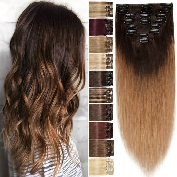 Benehair 100% Real Remy Human Hair Extensions Clip In 8Pcs Hair Weft Full Head Women Ombre Brown Hair Soft US