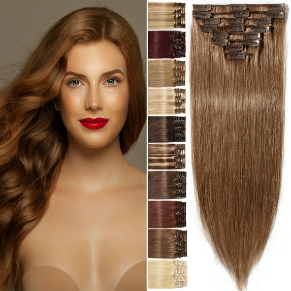 Benehair 100% Real Remy Human Hair Extensions Clip In 8Pcs Hair Weft Full Head Women Soft Hair Straight Long 18" 70g