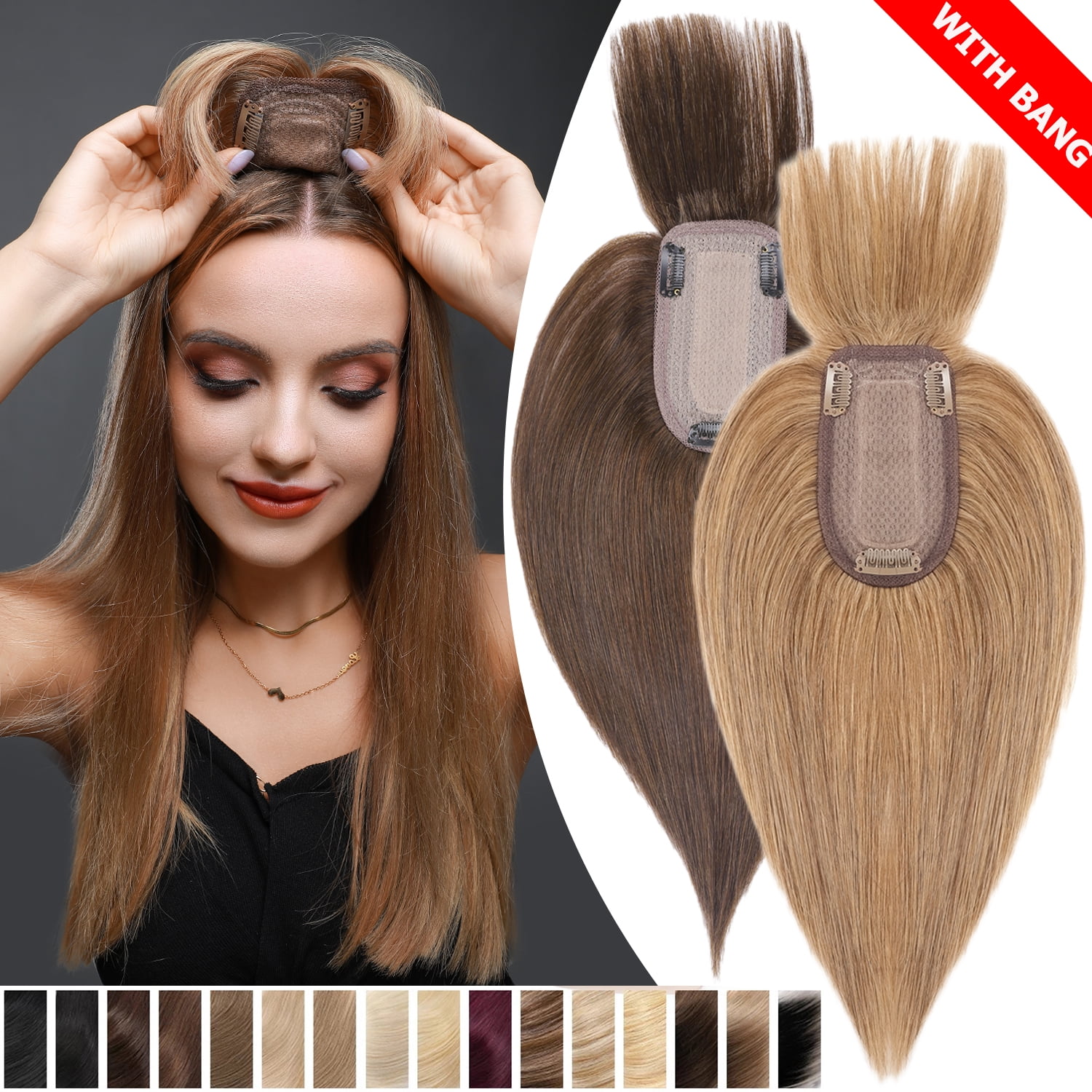 Benehair 100% Real Remy Human Hair Extensions Clip In Hairpiece Topper Toupee with Bang Fringe Women Hair Loss Silk Base Black