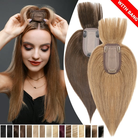 Benehair 100% Real Remy Human Hair Extensions Clip In Hairpiece with Bang Topper Toupee Women Hair Loss Silk Base Seamless 150% Density Brown