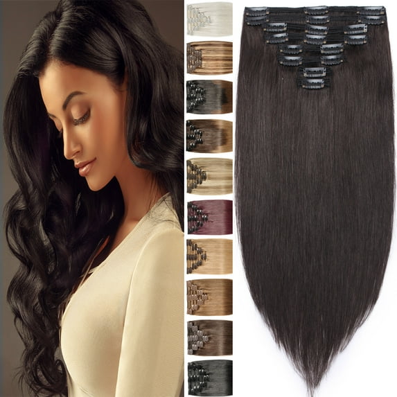 Benehair 100% Real Remy Human Hair Extensions Clip In Thick Double Weft Full Head 10"-24" Straight Black Women Soft