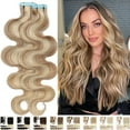 thumbnail image 1 of Benehair 100% Real Remy Human Hair Extensions Tape In Seamless Skin Weft Full Head Blonde Thick Body Wave Hair Thick 20 pcs 40pcs, 1 of 11