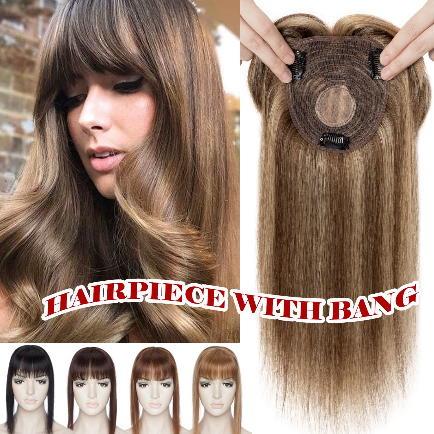 Benehair 100% Remy Human Hair Extensions Clip In Hairpiece Toupee Topper With Bang Mono Base for Women Highlight Blonde 150% 10*12cm