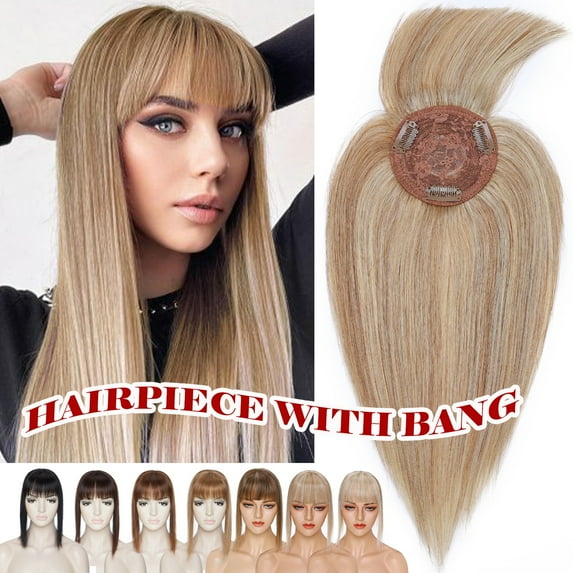 Benehair 100% Remy Human Hair Extensions Clip In Hairpiece Toupee Topper With Bang Mono Base for Women Highlight Blonde Density 150% Seamless