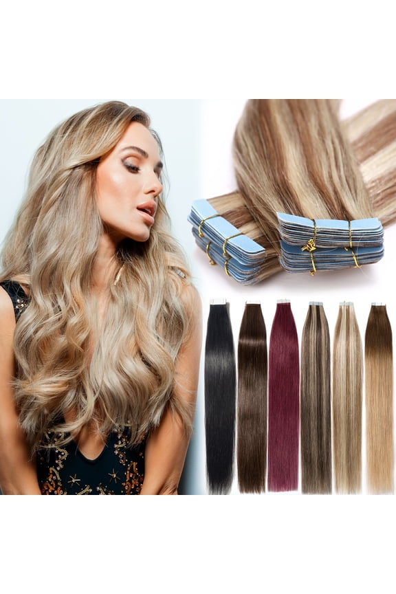 16inch Tape In 100% Real Remy Human Hair Extensions Seamless Skin Weft Thick Glue Straight Women Brown 10-20pcs
