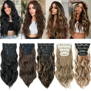Benehair 4 Pieces Set Clip in Hair Extensions Highlight Wavy Curly Long Synthetic Hairpieces for Women 22 inch Dark Black