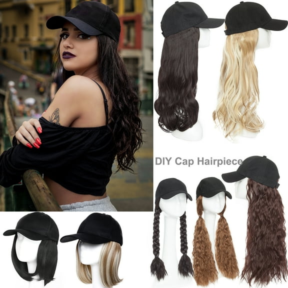 Benehair Baseball Cap with Hair Extensions Full Head Hair Wigs Long Wavy Adjustable Hairpiece Hat Cap Wig for Women 16" Curly Dark Black