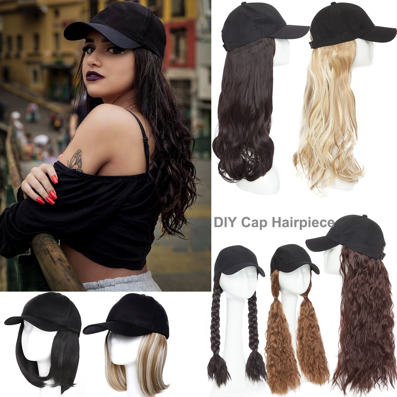 Black Cap with Wavy Brown Hair Extension Kint Cap With Ombre Brown Long Wavy Hair Extensions For  main image 4