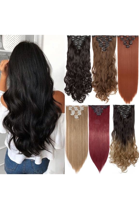 Clip in Hair Extensions Full Head Long Thick 8 Pieces Hair 18 Clips Curly Wavy Straight Hairpieces 100% Real Natural as Human Best Hair Set 26'' Straight Silver Gray