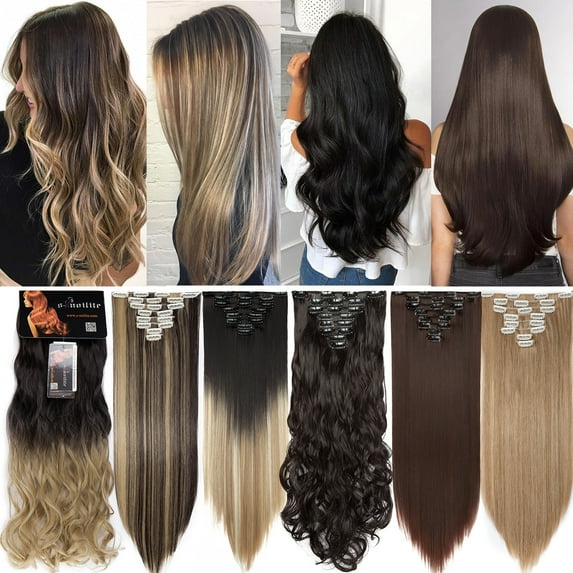 Benehair Clip in Hair Extensions Full Head Long Thick 8 Pieces Hair 18 Clips Straight Hairpieces 100% Real Natural as Human Best Hair Set 24'' Curly Dark Brown To Coffee Blonde Mix Ash Blonde