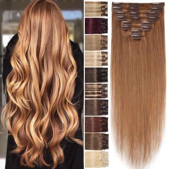 Benehair Clip In 100% Real Human Hair Extensions Remy Hair Full Head Soft Smooth 8 pcs Golden Brown 18"20" US