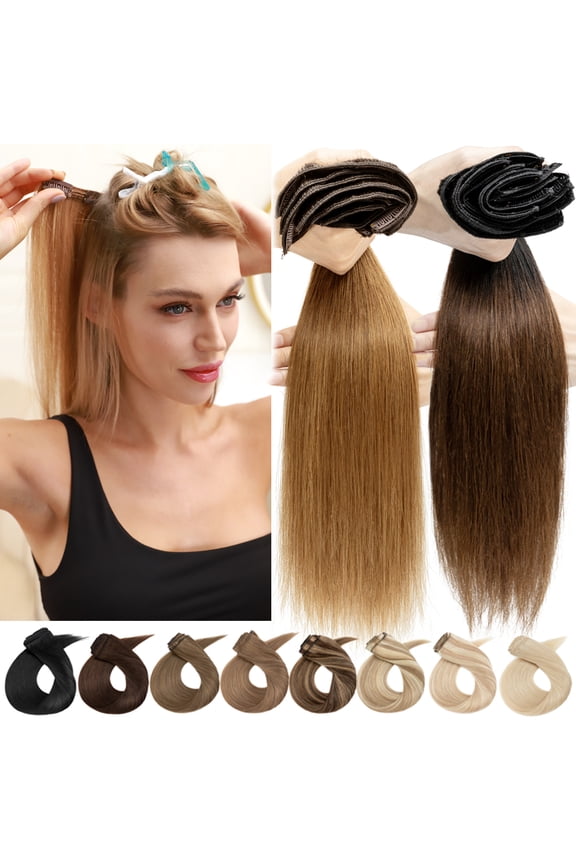 Clip In Hair Extensions 100% Remy Human Hair Double Weft Straight Blonde Thick Full Head 14inch