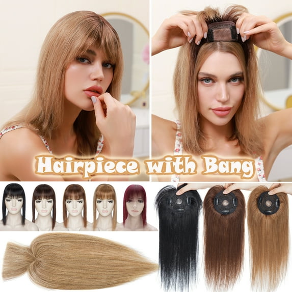 Benehair Clip In Hairpiece 100% Remy Human Hair Extensions Topper Toupee Wig With Bang Natural Hiar Spin for Women Hair Loss Brown 10"-16"
