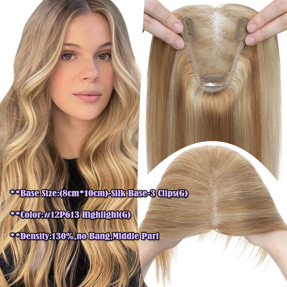 Benehair Clip In Hairpiece 100% Remy Real Human Hair Topper Hair Piece Wigs Handtied Lace Base For Woman Thin Hair Loss Top Piece 8cmx10cm Highlight