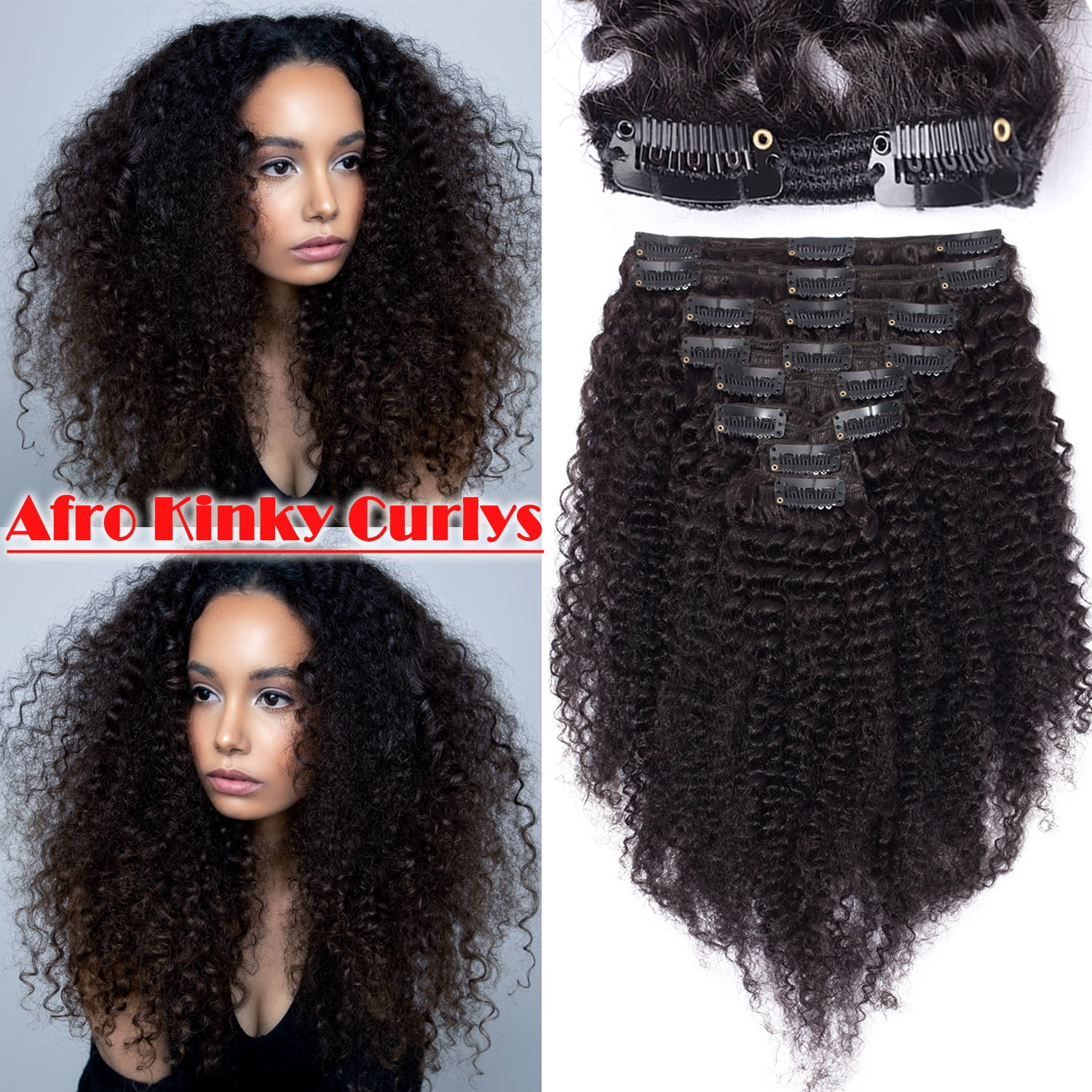 Benehair Clip In Human Hair Extensions Afro Kinky Curly Thick Full Head Double Weft Black African 100% Brazilian Remy Wavy Hair 8 Pieces