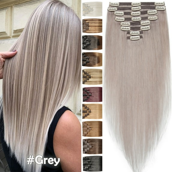 Benehair Clip In THICK Double Weft Human Hair Extenions Full Head 100% Russian Remy Hair Grey 110g-170g US Ship