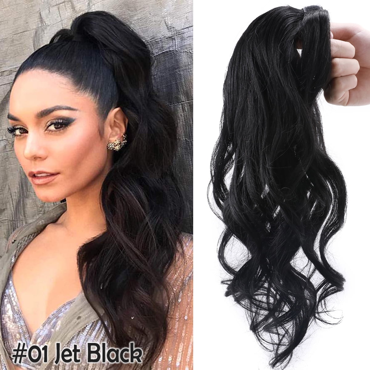 Benehair Clip in Ponytail Hair Extensions Human Hair Ponytail Wrap Around Remy Hair One Piece Human Hair Extensions Jet Black 18inch 90g Body Wave Curly Pony Tail