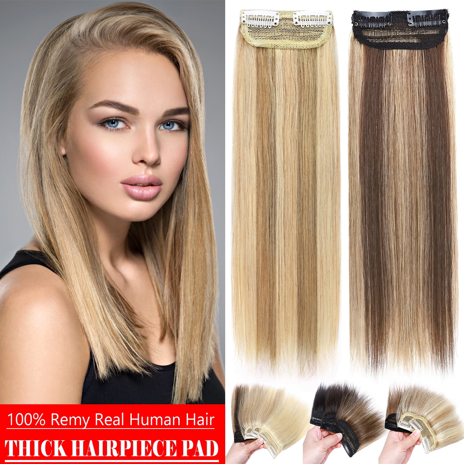 Benehair Clip in 100% Remy Human Hair Extensions Fluffy Hair Pad Invisible Hairpiece Topper Thickened Soft Thin Hair Black 2 Pieces