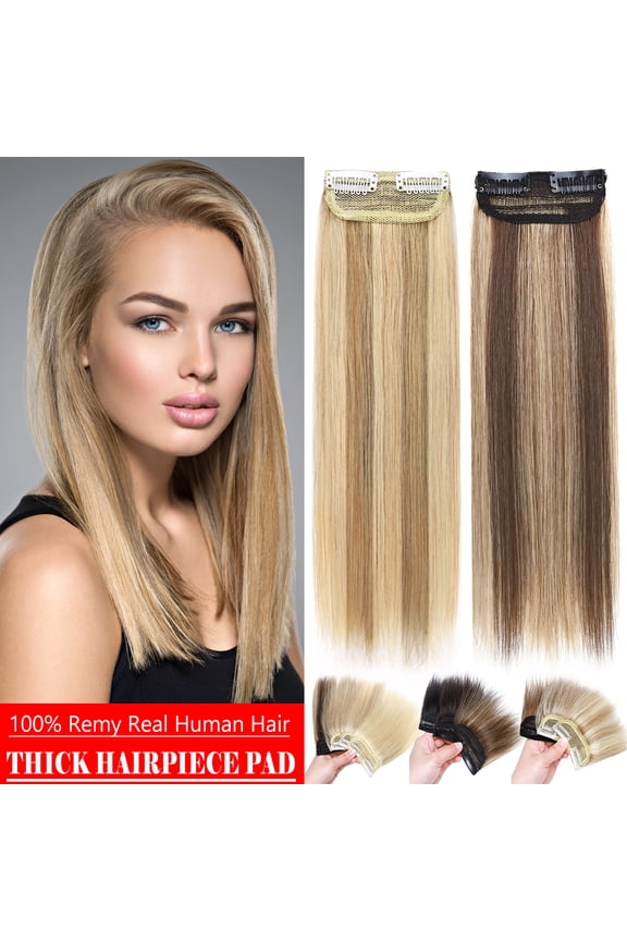Clip in 100% Remy Human Hair Extensions Hair Pad Invisible Hairpiece Topper Thickened Soft Thin Hair Brown 3 Pieces