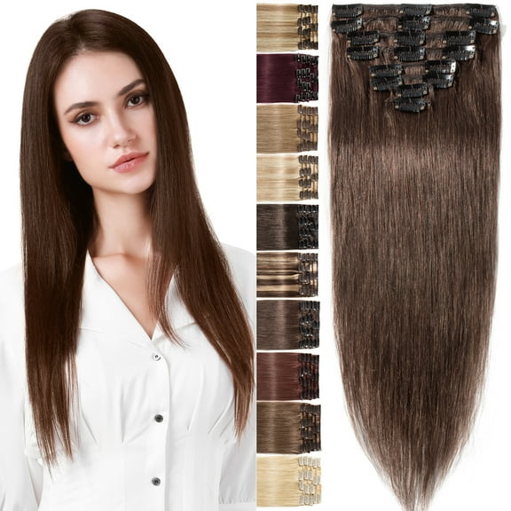 Benehair Clip in 100% Human Hair Extensions Full Head Straight Remy Hair 8pcs For Women Brown Soft US
