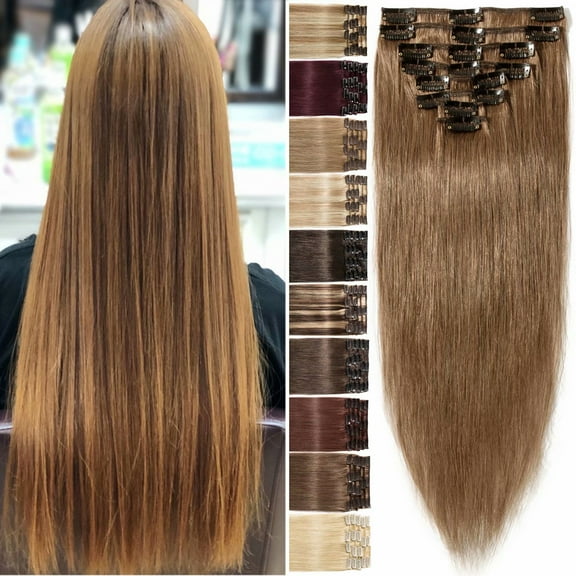 Benehair Clip in 100% Human Hair Extensions Full Head Straight Remy Hair 8pcs For Women Brown Soft US