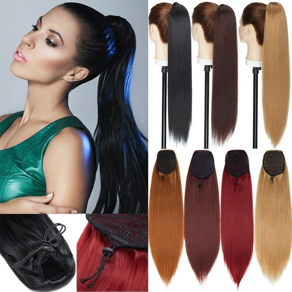Benehair Clip in Hair Extensions as Human Drawstring Yaki Ponytail Real Long Thick Hair Piece for Woman Dark Black