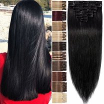 Benehair Clip in Human Hair Extensions Full Head 100% Remy Real Hair 8pcs Black Straight For Women 8"-24"