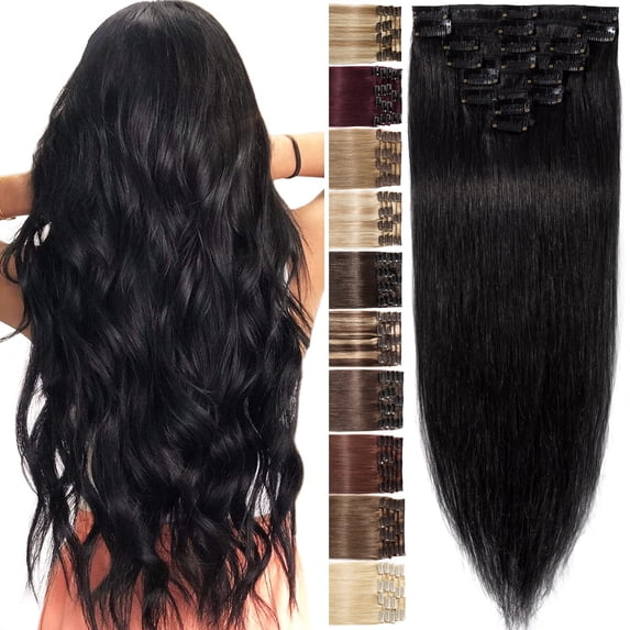 Benehair Clip in Real Human Hair Extensions Full Head 100% Remy Hair 8pcs Black 8"-24" Straight For Women