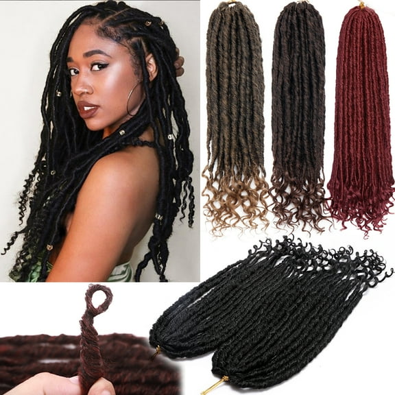 Benehair Goddess Locs Crochet Braids Boho Style Faux Locs Hair Extensions with Curly Ends Pre Looped Locs Synthetic for Women 16" Black Mix Coffee Brown