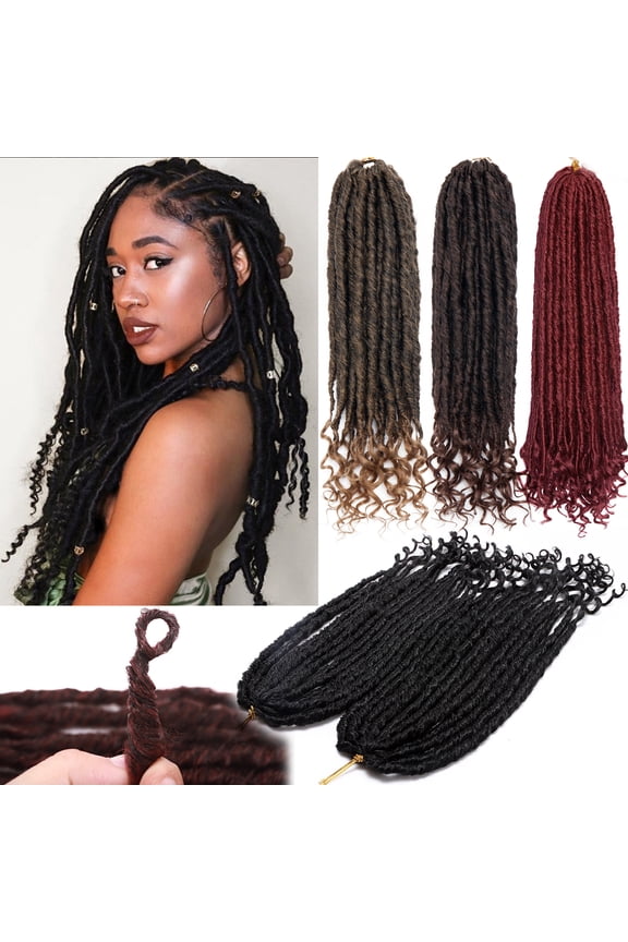 Goddess Locs Crochet Braids Boho Style Faux Locs Hair Extensions with Curly Ends Pre Looped Locs Synthetic for Women 16" Black Mix Coffee Brown
