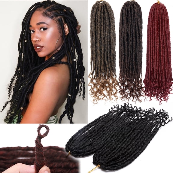 Benehair Goddess Locs Crochet Braids Boho Style Faux Locs Hair Extensions with Curly Ends Pre Looped Locs Synthetic for Women 16" Black Mix Burgundy