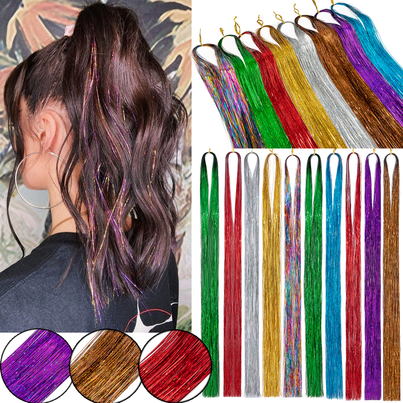 Benehair Hair Tinsel 48 400 Strands Sparkling Party Tinsel Hair Extensions  Highlights Multi-Colors Synthetic Hair Streak Bling